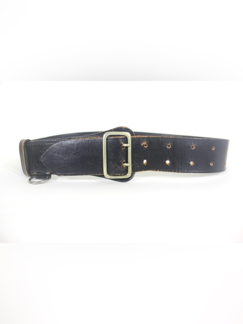 Distressed Wide Military Style Wide Black Leather Work Belt Loops Double Prong